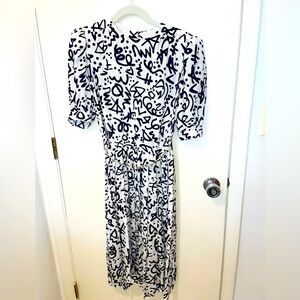 Vintage Liz Claiborne white black abstract design dress w belt buttons sz 8p